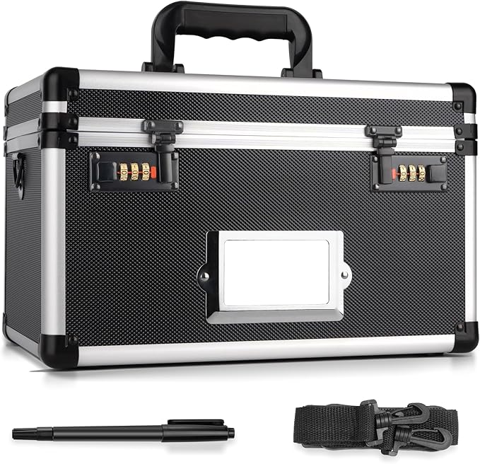 13.4 x 8 x 8.7 Inch Lockable Storage Box with Combination Lock, Portable Safe for Documents, Medicine, Cash & Valuables, Medicine Lock Box with Label Slot for Home, Office & Travel - Black