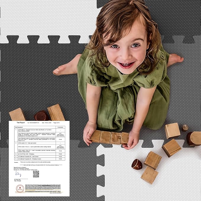 16 Tiles Baby Play Mat for Floor, EVA Foam Baby Floor Play Mat with 0.6 Inch Thick Interlocking Foam Tiles, Foam Floor Tiles for Baby, Toddlers and Kids (Gray-White- Black, 16PCS)