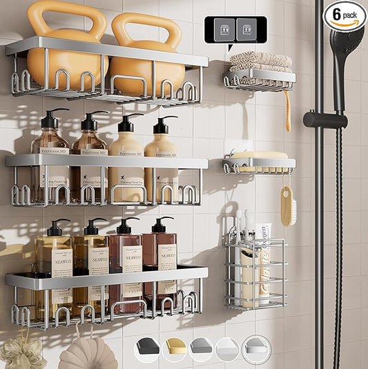 Veken Shower Caddy 6-Pack, Family Choice Award Winner, Large Wall Mounted Shower Rack, Bathroom Shelves Over Toilet, Organizer Storage Accessories with Soap Dish&Toothbrush Holder