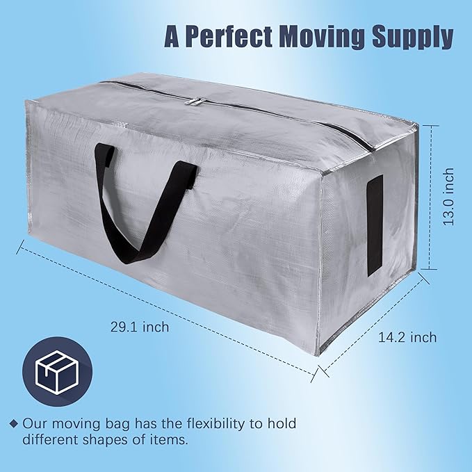 12 Pack Large Strong Moving Bags with Zippers & Carrying Handles - Water-Resistant - Heavy Duty Storage Tote for Space Saving Moving Storage, Fold Flat, Alternative to Moving Box (Silver)