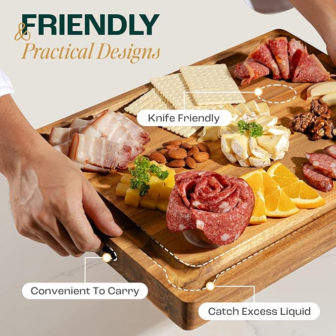 Yes4All Durable Acacia Cutting Boards for Kitchen, [20''Lx15''Wx1.5” Thick] Large Edge Grain Cutting Board, Pre Oiled Wood Cutting Boards, Thick Chopping Board w/Juice Grooves and Easy Grip Handle