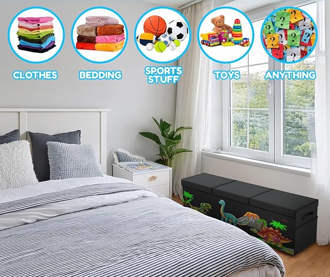 XL Dinosaur Toy Box - Foldable & Collapsible Cardboard Toy Chest Storage, Cute Dinosaur Design - Extra Large Organizer with Lid, Kids Storage with Removable Dividers & Mesh Pocket - Black