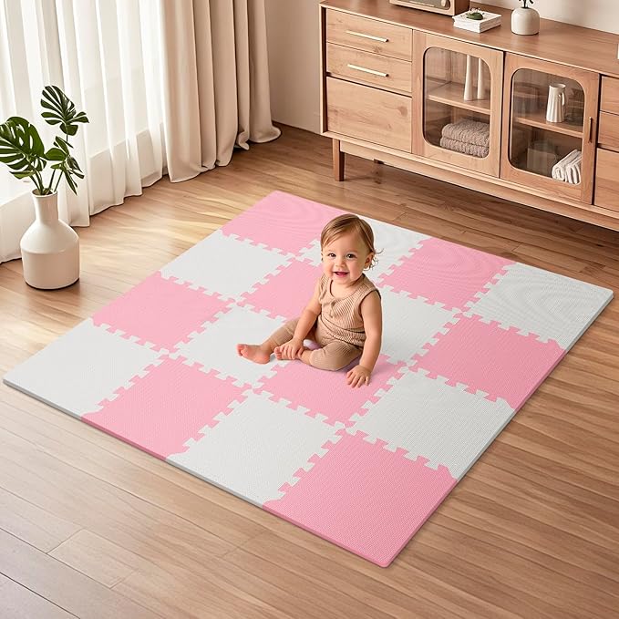 16 Tiles Baby Play Mat for Floor, EVA Foam Baby Floor Play Mat with 0.6 Inch Thick Interlocking Foam Tiles, Foam Floor Tiles for Baby, Toddlers and Kids (Grey-White- Pink, 16PCS)