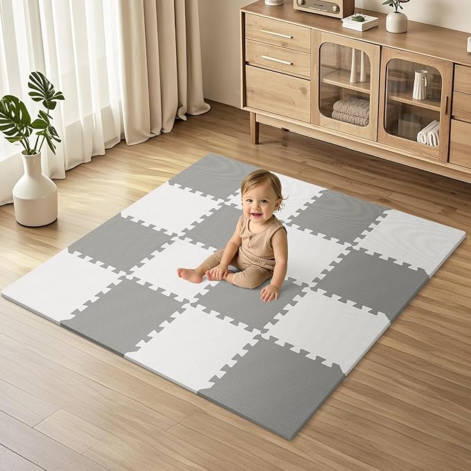 16 Tiles Baby Play Mat for Floor, EVA Foam Baby Floor Play Mat with 0.6 Inch Thick Interlocking Foam Tiles, Foam Floor Tiles for Baby, Toddlers and Kids (Grey-White, 16PCS)