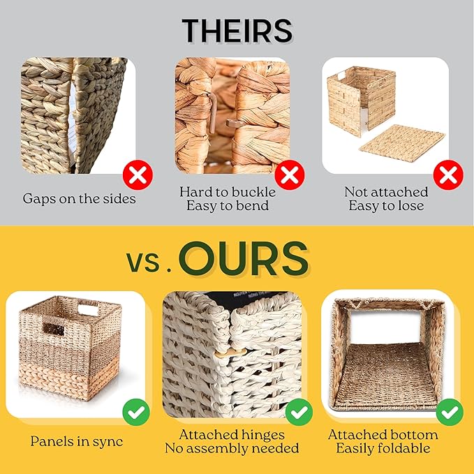 11 Inch Cube Storage Bins, Wicker Storage Baskets for Cube Shelf, Natural Foldable Square Baskets for Storage, Large Woven Storage Bin with Handle, Baskets for Pantry, Living Room Set of 4