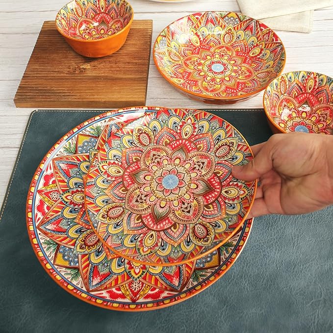 YA JU Mandala Dinnerware Sets (12 Pcs) Serves 4, Buffet Dinnerware, Boho Plates and Bowls Dish Set with 8" salad Plate 8" Dessert Plate 4.8" bowl, apply Casual dining Indoor Outdoor Dining Party