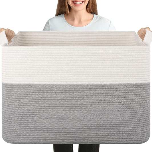 XXXL Supre Large Blanket Basket for Clothes, Towels, Pillows, 108L Cotton Rope Storage Basket for Living Room, Supre Large Woven Toy Storage for Kids, 25" x 16" x 16", Grey and White