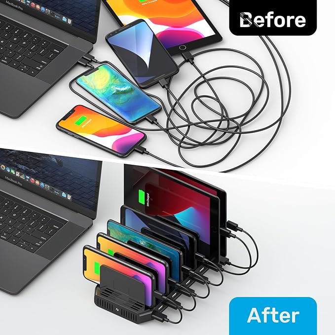 【5PCS】 Unitek USB Charging Station, 10 USB Fast Ports Charge Docking Station and Adjustable Dividers, Multi Device Charger Organizer Compatible with iPad, iPhone, Tablet and Cell Phone - 5PCS, Black