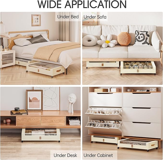 Yecaye Under Bed Storage with Wheels, 2 Pack Under Bed Storage Containers, 60L Underbed Shoe Storage with Clear Window & Label, Rolling Under Bed Metal Drawer for Clothes, Shoes,Toys, Books, Blankets