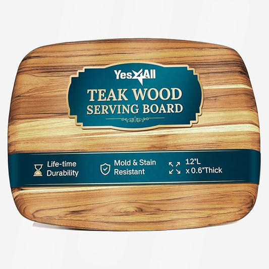 Yes4All Teak Cutting Boards for Kitchen, [12"x0.6"Thick] Easy Handle Serving Board, Pre-Oiled Teak Wood Charcuterie Board, Multipurpose use for Slicing, Serving, Decorating Wood Cutting Board