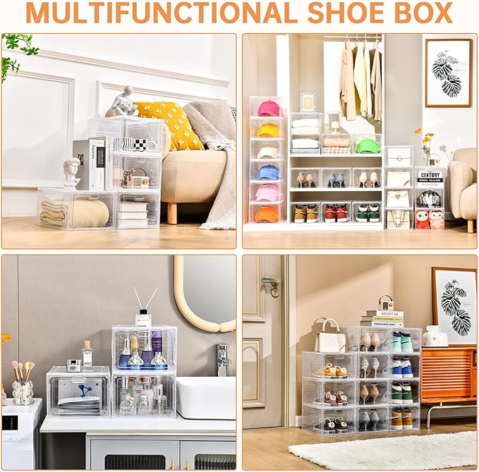 12 Pack Large Shoe Storage Box, Clear Shoe Storage Organizer with Magnetic Door, Stackable,Shoe Containers For Display Sneakers, Easy Assembly, Fit up to US Size 12, Clear
