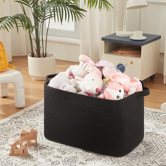 118L Extra Large Blanket Basket, 24.8" x 17.7" x 17.2" Woven Storage Basket for Living Room, Rectangle Nursery Blanket Storage for Toys, Towels, Dirty Clothes (Black)