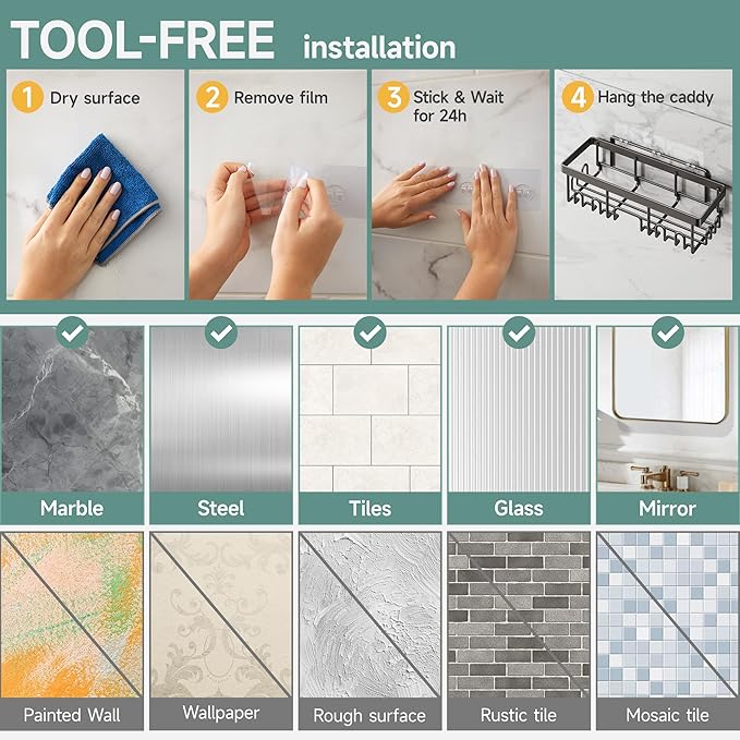 Veken Rustproof & Waterproof Shower Caddy 6-Pack, No Drilling Adhesive Shelves Rack with Soap Holder, Large Capacity Bathroom Organizers and Storage, Wall-Mounted Kitchen & Home Decor