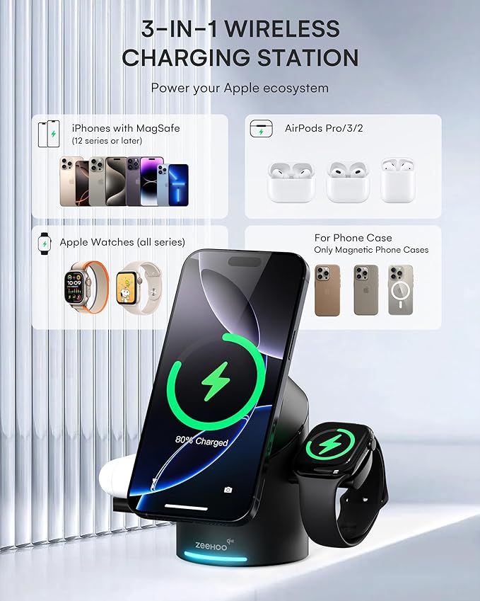 ZEEHOO 3 in 1 Charging Station for Apple Devices, Mag-Safe Charger Stand, Qi2 15W Auto-Rotating Wireless Charger for iPhone 16/15/14/13/12 Series& AirPods& iWatch(Black)