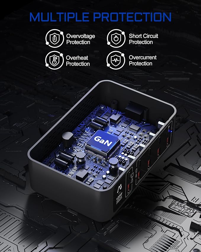 10-Ports USB C Charging Station, 120W Travel USB Power Strip with EU European Plug and US Plug, Multiport Charging Hub for iPhone 15/14/13/12, iPad Air/Pro, Galaxy -Black