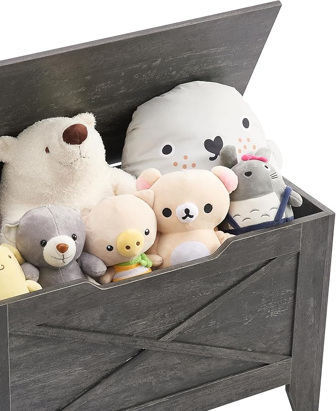 VECELO 43.3" Storage Chest with Lift Top Storage, Farmhouse Style Ottoman with Handwoven Wicker Cushion, Safety Hinges, Ideal for Entryway, Bedroom, Living Room, Coal Grey