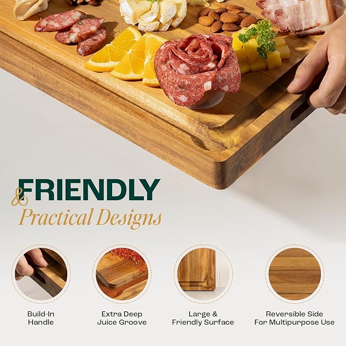 Yes4All Durable Acacia Cutting Boards for Kitchen, [17''Lx13''Wx1.5” Thick] Medium Edge Grain Cutting Board, Pre Oiled Wood Cutting Boards, Thick Chopping Board w/Juice Grooves and Easy Grip Handle