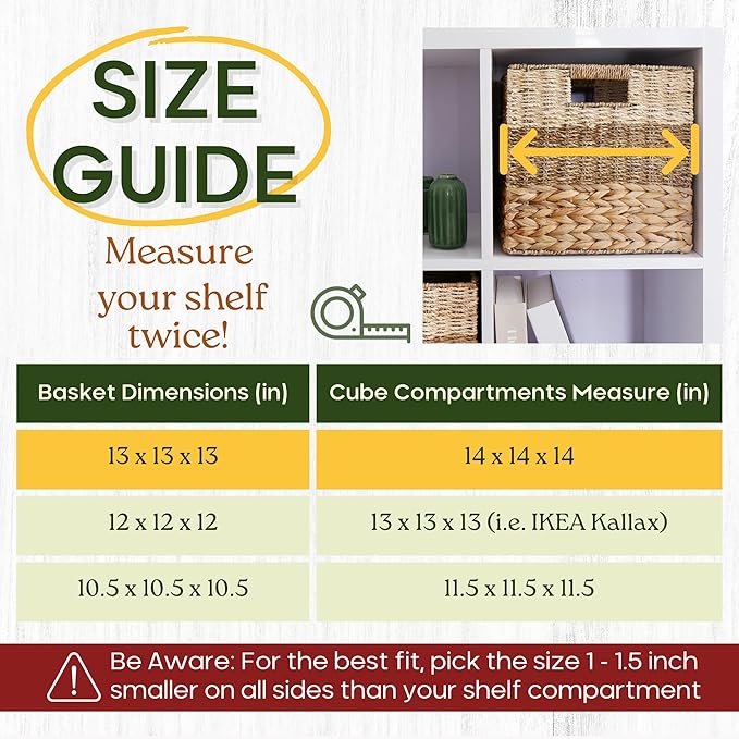 13x13x13 Storage Cube Bins Wicker Storage Basket for Cube Shelf, Natural Foldable Square Baskets for Storage, Large Woven Cube Storage Bin with Handle, Baskets for Pantry, Bedroom Set of 4
