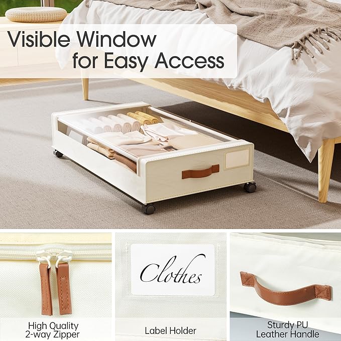 Yecaye Under Bed Storage with Wheels, 2 Pack Under Bed Storage Containers, 60L Underbed Shoe Storage with Clear Window & Label, Rolling Under Bed Metal Drawer for Clothes, Shoes,Toys, Books, Blankets