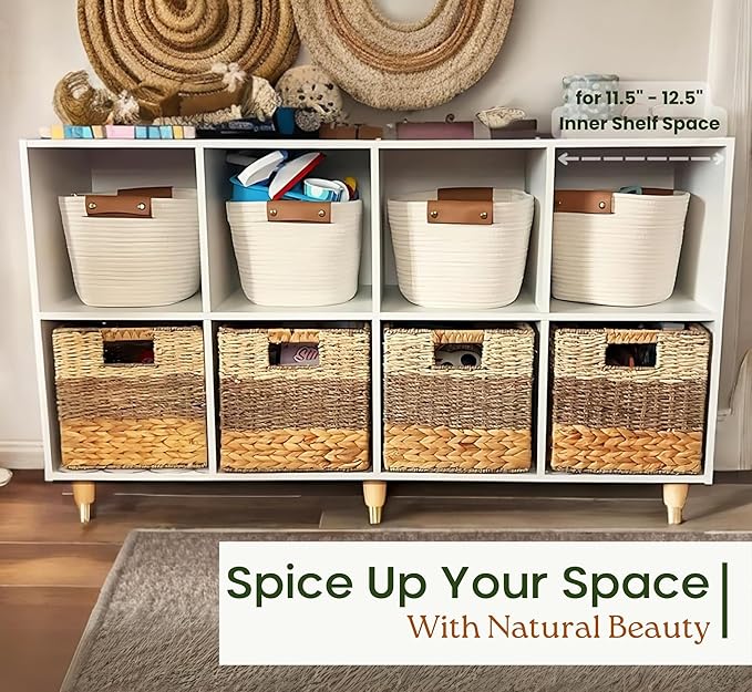 11 Inch Cube Storage Bins, Wicker Storage Baskets for Cube Shelf, Natural Foldable Square Baskets for Storage, Large Woven Storage Bin with Handle, Baskets for Pantry, Living Room Set of 4