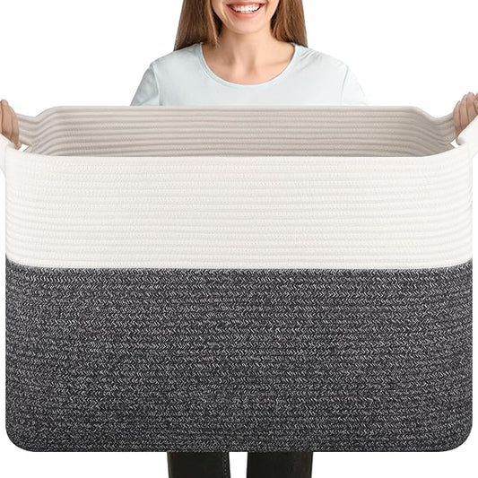 XXXL Supre Large Blanket Basket for Clothes, Towels, Pillows, 108L Cotton Rope Storage Basket for Living Room, Supre Large Woven Toy Storage for Kids, 25" x 16" x 16", Dark Grey and White