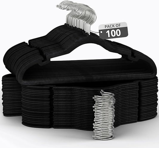 100 Pack Velvet Hanger for Shirt Pants Dresses Skirts Suits Jackets - Slim Space Saving Design - Standard Coat Hanger - Sturdy & Durable Design with Shoulder Grooves Hook - Black