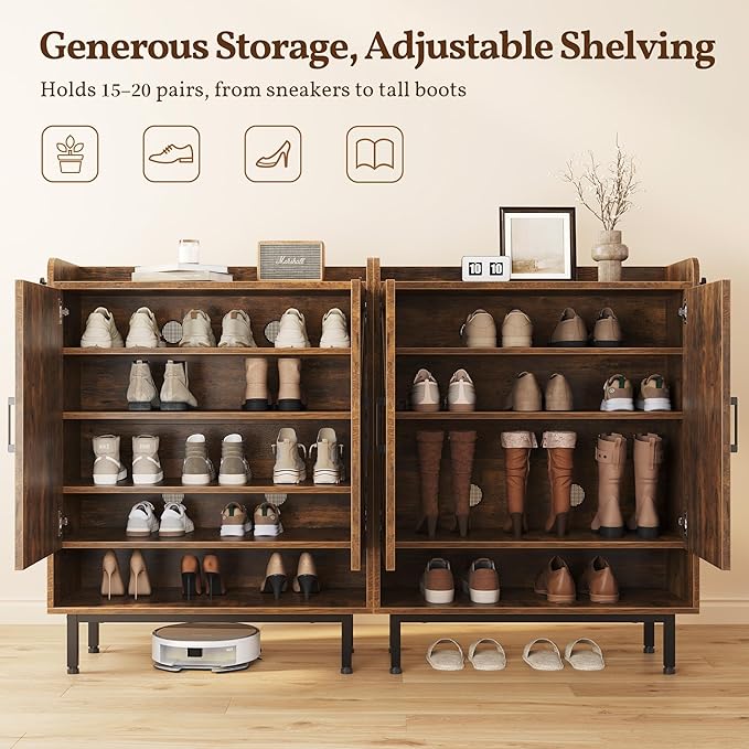 Yaheetech Shoe Storage Cabinet with Barn-Inspired Doors, 6-Tier Shoe Cabinet with Adjustable Shelves & Side Hooks, Compact Shoe Rack Organizer Cabinet for Entryway, Hallway, Rustic Brown