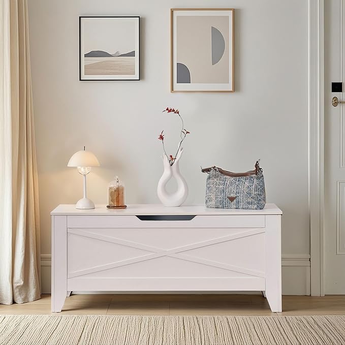 VECELO 43.3" Storage Chest with Lift Top Storage, Farmhouse Style Ottoman with Handwoven Wicker Cushion, Safety Hinges, Ideal for Entryway, Bedroom, Living Room, Ivory White