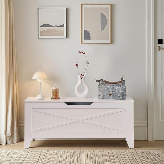 VECELO 43.3" Storage Chest with Lift Top Storage, Farmhouse Style Ottoman with Handwoven Wicker Cushion, Safety Hinges, Ideal for Entryway, Bedroom, Living Room, Ivory White