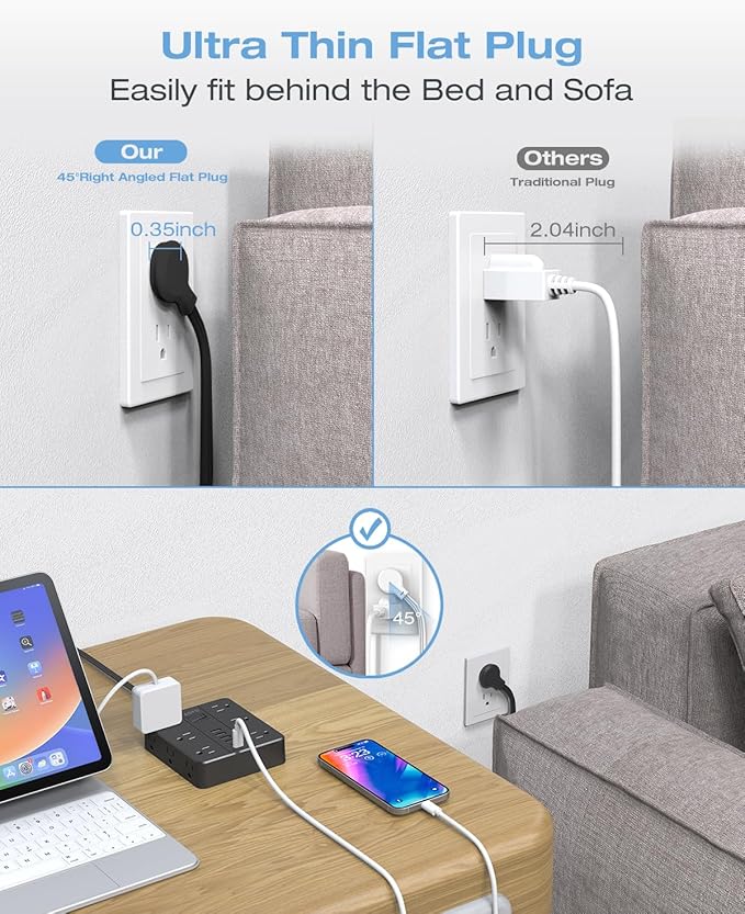 15FT Surge Protector Power Strip,12 AC Outlets with 6 USB Ports (2 USB-C), Flat Plug Extension Cord with Multiple Outlets, Wall Mount for Home Office,Dorm, Black