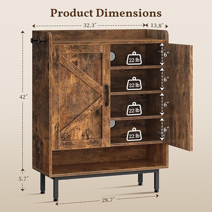 Yaheetech Shoe Storage Cabinet with Barn-Inspired Doors, 6-Tier Shoe Cabinet with Adjustable Shelves & Side Hooks, Compact Shoe Rack Organizer Cabinet for Entryway, Hallway, Rustic Brown