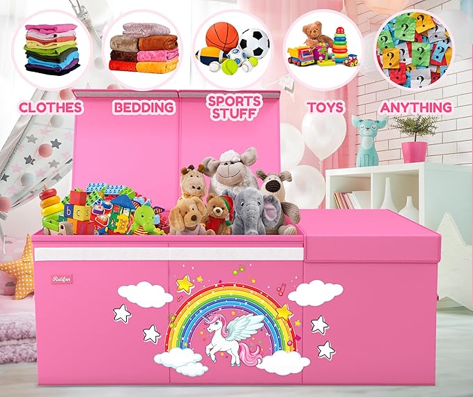 XL Unicorn Toy Box - Foldable & Collapsible Cardboard Toy Chest Storage, Glow in the Dark Stickers - Extra Large Organizer with Lid, Kids Storage with Removable Dividers & Mesh Pocket - Pink