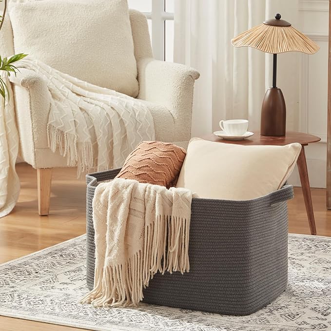 118L Extra Large Blanket Basket, 24.8" x 17.7" x 17.2" Woven Storage Basket for Living Room, Rectangle Nursery Blanket Storage for Toys, Towels, Dirty Clothes (Grey)