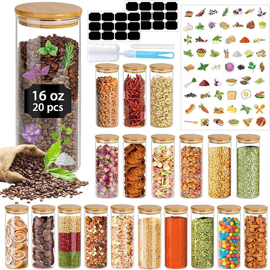 16 oz 20 pcs Glass Jars with Bamboo Lids, Stackable Clear Food Storage Jars, Airtight Kichen Glass Pantry Storage Containers with Lids for Rice, Candy, Sugar, Flour, Nuts, Cookie, Spice