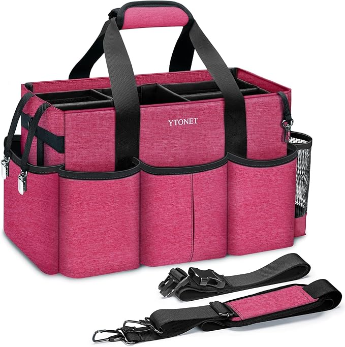 Ytonet Wearable Cleaning Caddy Organizer with Handle & Shoulder Straps, Large Cleaning Tote for Housekeepers, Kitchen Supplies Organizer with Dividers, Under Sink & Car Detailing Bag, Red