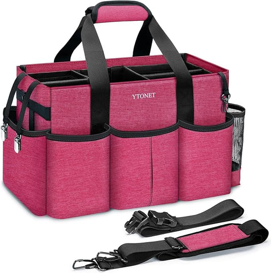 Ytonet Wearable Cleaning Caddy Organizer with Handle & Shoulder Straps, Large Cleaning Tote for Housekeepers, Kitchen Supplies Organizer with Dividers, Under Sink & Car Detailing Bag, Red