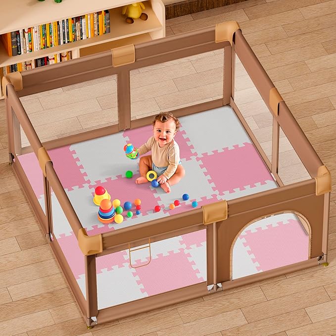 16 Tiles Baby Play Mat for Floor, EVA Foam Baby Floor Play Mat with 0.6 Inch Thick Interlocking Foam Tiles, Foam Floor Tiles for Baby, Toddlers and Kids (Grey-White- Pink, 16PCS)