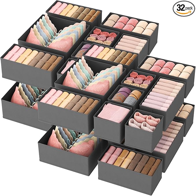Lifewit Drawer Organizer Clothes for Closet 32 Pack, 3 Sizes Underwear Wardrobe Drawer Dividers, Fabric Foldable Dresser Storage Organizer Bins for Sock/Bra/Lingerie/Undies, Gray