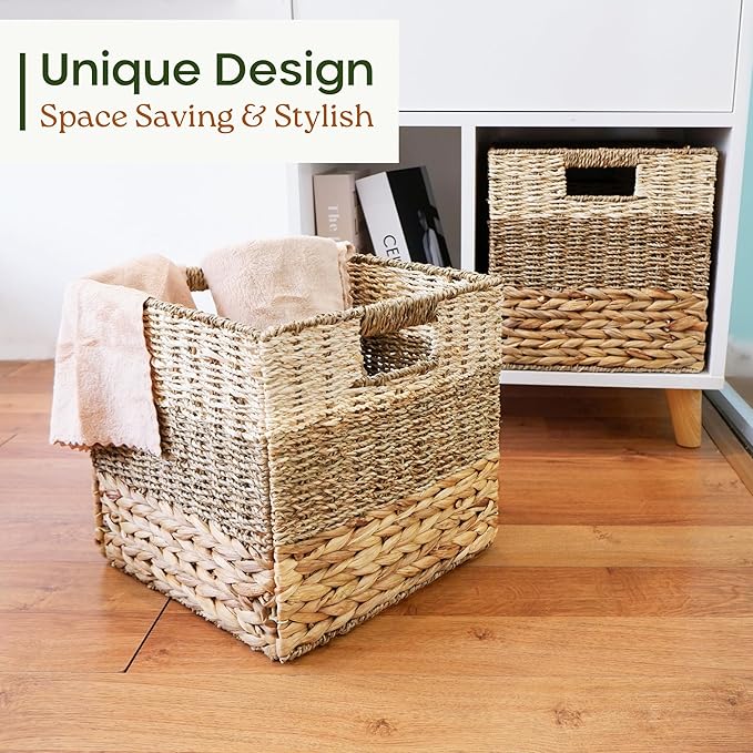 13x13x13 Storage Cube Bins Wicker Storage Basket for Cube Shelf, Natural Foldable Square Baskets for Storage, Large Woven Cube Storage Bin with Handle, Baskets for Pantry, Bedroom Set of 4
