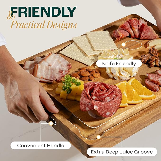 Yes4All Durable Acacia Cutting Boards for Kitchen, [17''Lx13''Wx1.5” Thick] Medium Edge Grain Cutting Board, Pre Oiled Wood Cutting Boards, Thick Chopping Board w/Juice Grooves and Easy Grip Handle