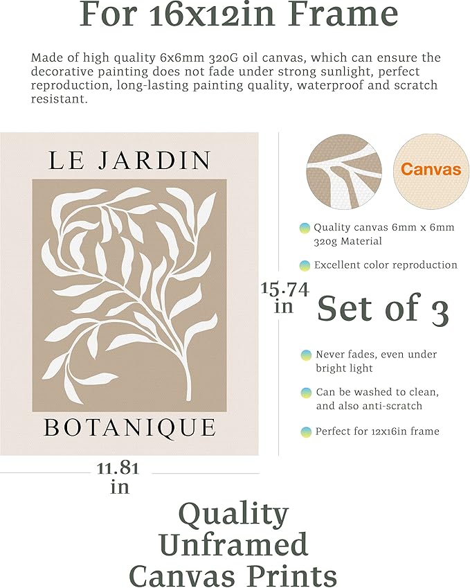 12x16in Unframed Neutral Botanical Wall Art Set of 3,Vintage Floral Exhibition Poster,Boho Wall Décor,Real Quality Canvas Paintings Decoration in Bathroom,Living Room,Bedroom