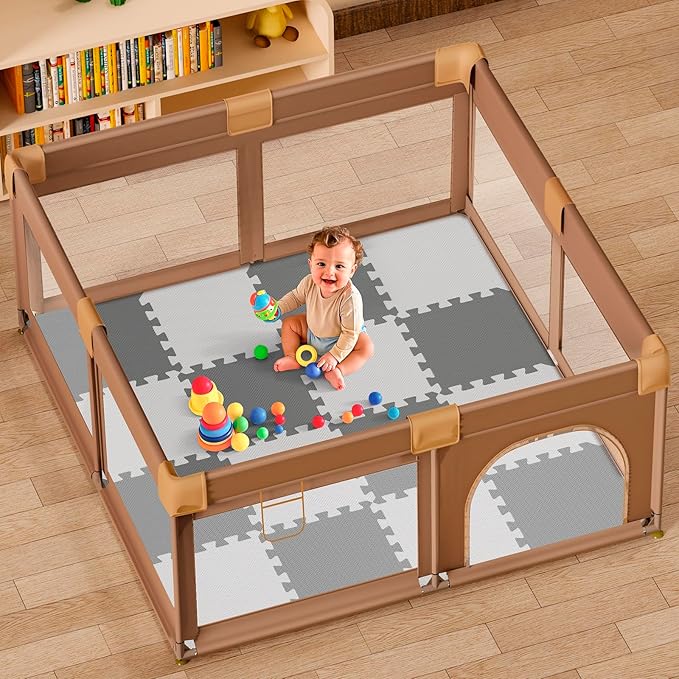 16 Tiles Baby Play Mat for Floor, EVA Foam Baby Floor Play Mat with 0.6 Inch Thick Interlocking Foam Tiles, Foam Floor Tiles for Baby, Toddlers and Kids (Grey-White, 16PCS)