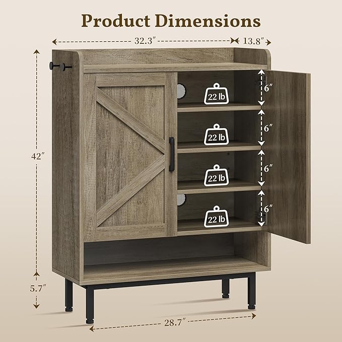 Yaheetech Shoe Storage Cabinet with Barn-Inspired Doors, 6-Tier Shoe Cabinet with Adjustable Shelves & Side Hooks, Compact Shoe Rack Organizer Cabinet for Entryway, Hallway, Gray