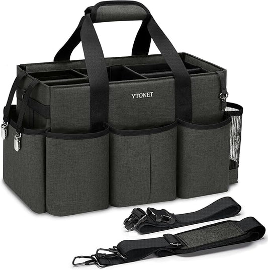 Ytonet Extra Large Cleaning Caddy Bag with 4 Foldable Dividers, Wearable Cleaning Caddy Organizer with Handle & Shoulder Strap & Waist Strap, Housekeeping Tote for Cleaners, Black Grey