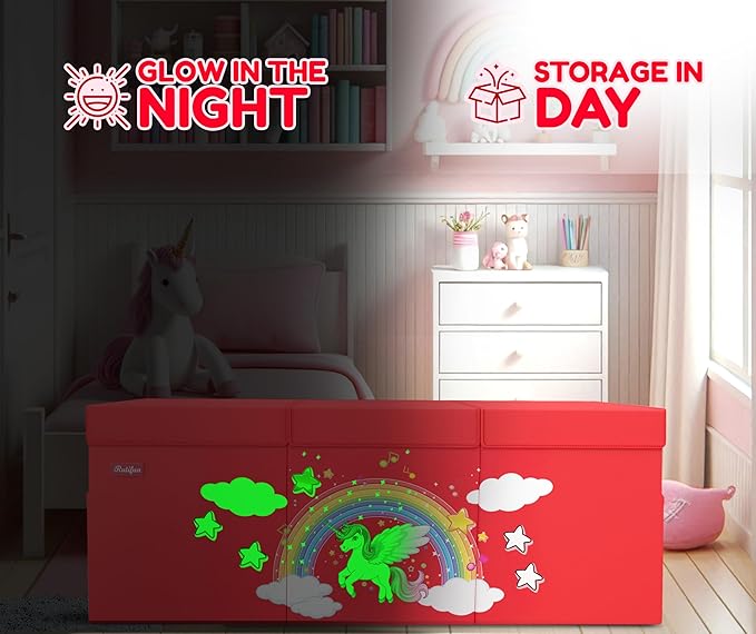 XL Unicorn Toy Box - Foldable & Collapsible Cardboard Toy Chest Storage, Glow in the Dark Stickers - Extra Large Organizer with Lid, Kids Storage with Removable Dividers & Mesh Pocket - Red