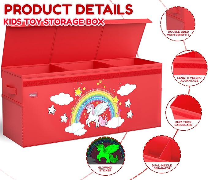 XL Unicorn Toy Box - Foldable & Collapsible Cardboard Toy Chest Storage, Glow in the Dark Stickers - Extra Large Organizer with Lid, Kids Storage with Removable Dividers & Mesh Pocket - Red