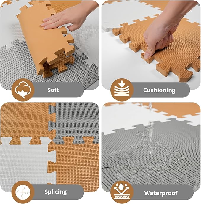 16 Tiles Baby Play Mat for Floor, EVA Foam Baby Floor Play Mat with 0.6 Inch Thick Interlocking Foam Tiles, Foam Floor Tiles for Baby, Toddlers and Kids (White-Brown-Grey, 16PCS)