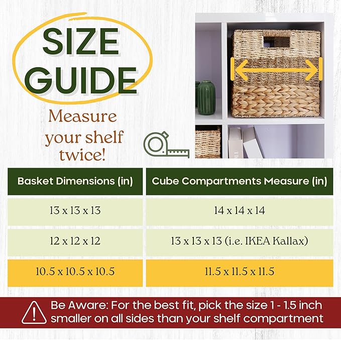11 Inch Cube Storage Bins, Wicker Storage Baskets for Cube Shelf, Natural Foldable Square Baskets for Storage, Large Woven Storage Bin with Handle, Baskets for Pantry, Living Room Set of 4