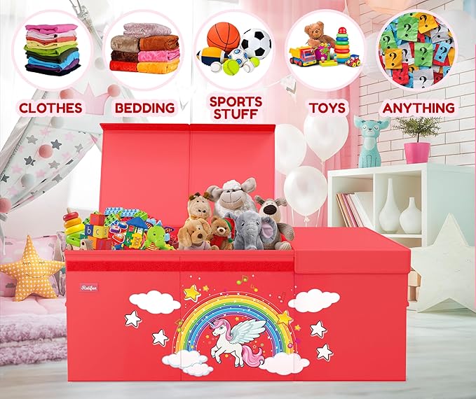 XL Unicorn Toy Box - Foldable & Collapsible Cardboard Toy Chest Storage, Glow in the Dark Stickers - Extra Large Organizer with Lid, Kids Storage with Removable Dividers & Mesh Pocket - Red