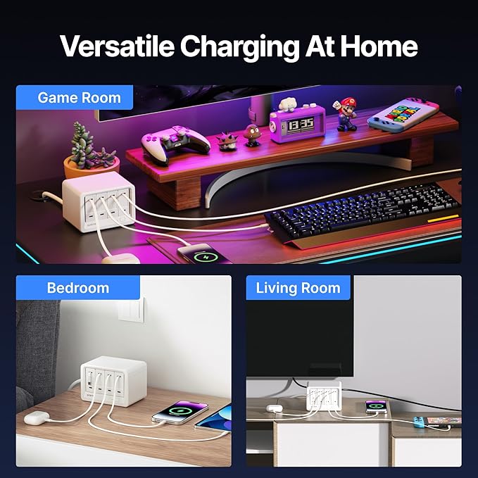 10-in-1 Desktop Charging Station with 2 Retractable Wall Chargers, 40W USB-C Power Strip with 6 AC, 2 USB C, 2 Type-C 31.5in Cables, Extension Cord with 1020J Surge Protection for Home Office